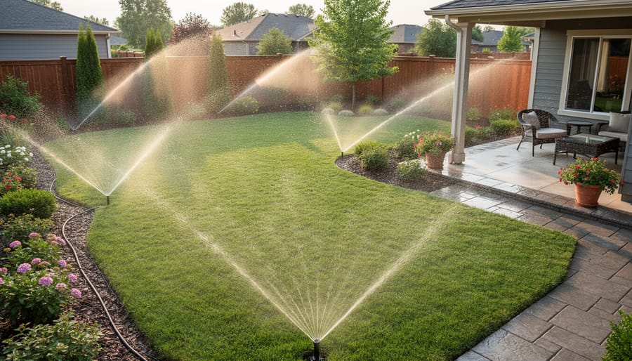 Aerial view of residential yard with seven-zone sprinkler system actively watering different lawn areas