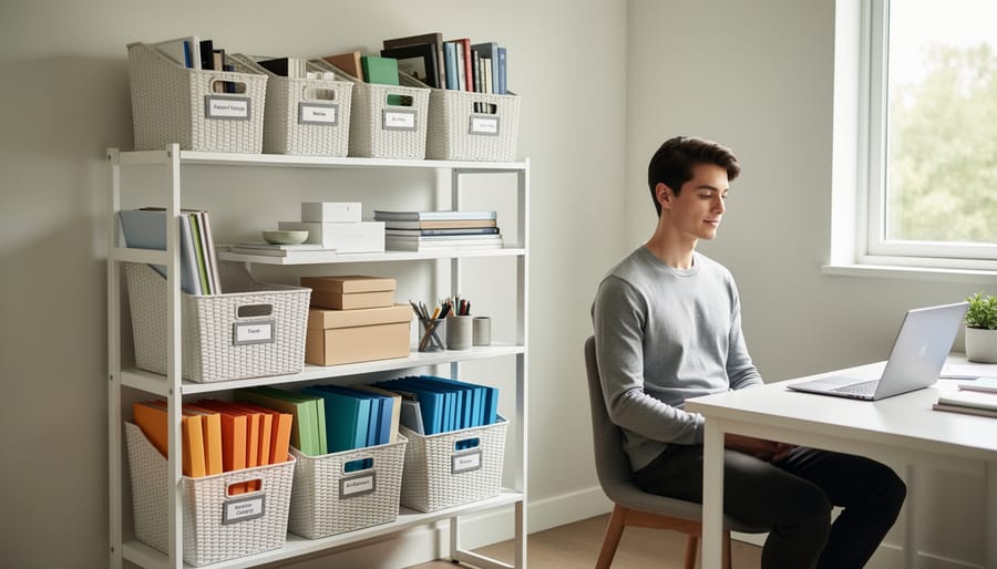 Hands organizing items in clear stackable storage containers on desk