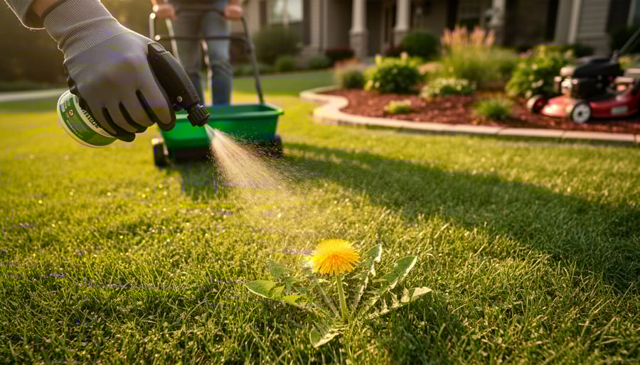 Gloved hand spraying a dandelion in a lush lawn as a homeowner pushes a broadcast spreader behind, with a mulched flower bed and lawn mower softly blurred in the background at golden hour.