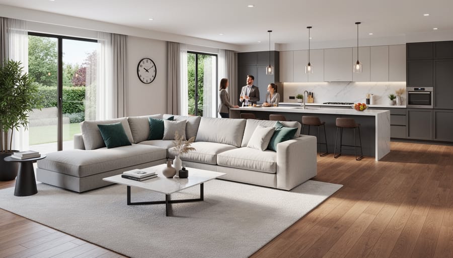 Sectional sofa positioned to create natural separation in open-concept space