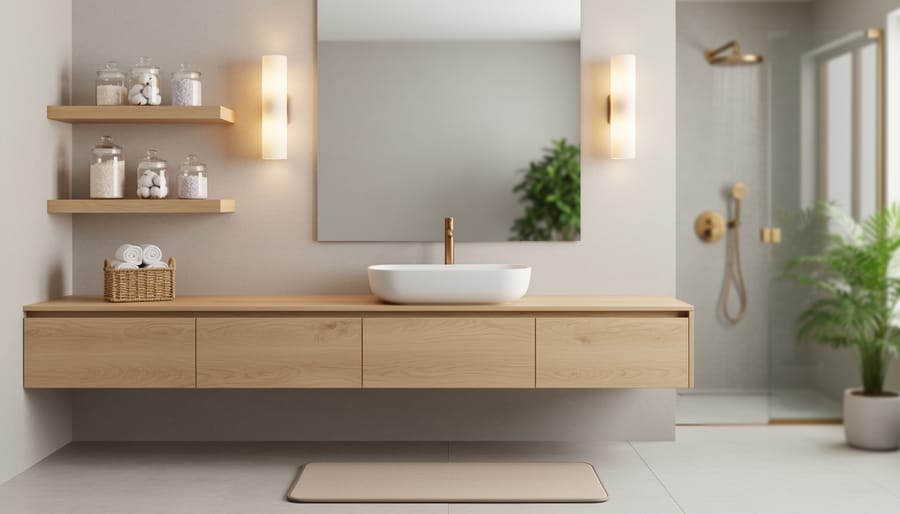 Modern spa-inspired bathroom featuring a natural wood vanity with a white vessel sink, brushed brass faucet, floating shelves with apothecary jars and rolled towels, a woven basket and heated floor mat, warm wall sconces, and a blurred rainfall shower behind glass.