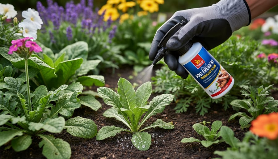Close-up of spray bottle applying herbicide treatment to dandelions in lawn