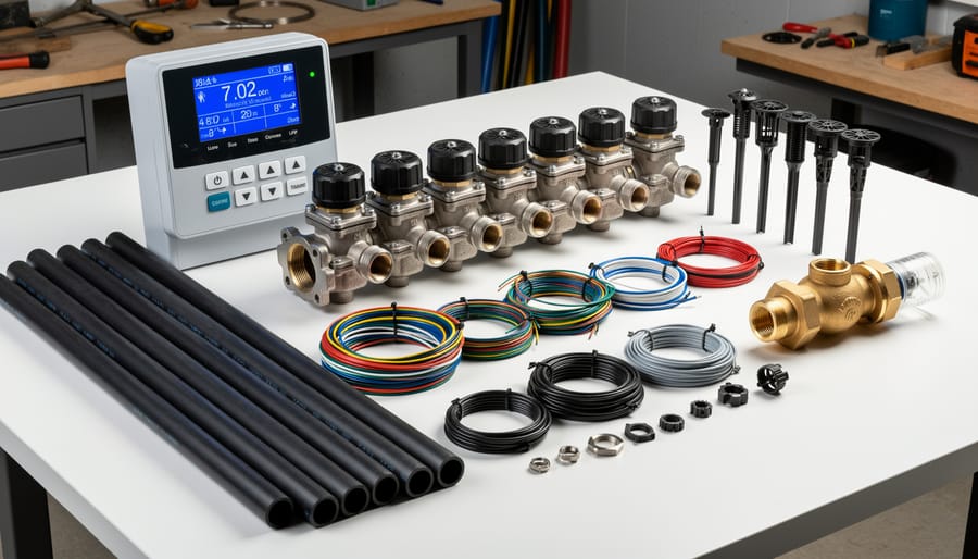Array of sprinkler system components including controller, valves, pipes, and sprinkler heads on workbench