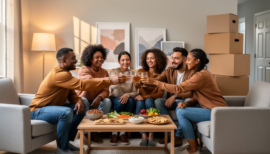 Five friends toast in a cozy living room with simple appetizers on a coffee table and a few moving boxes and unhung art in the background, lit by soft afternoon light and a warm lamp.