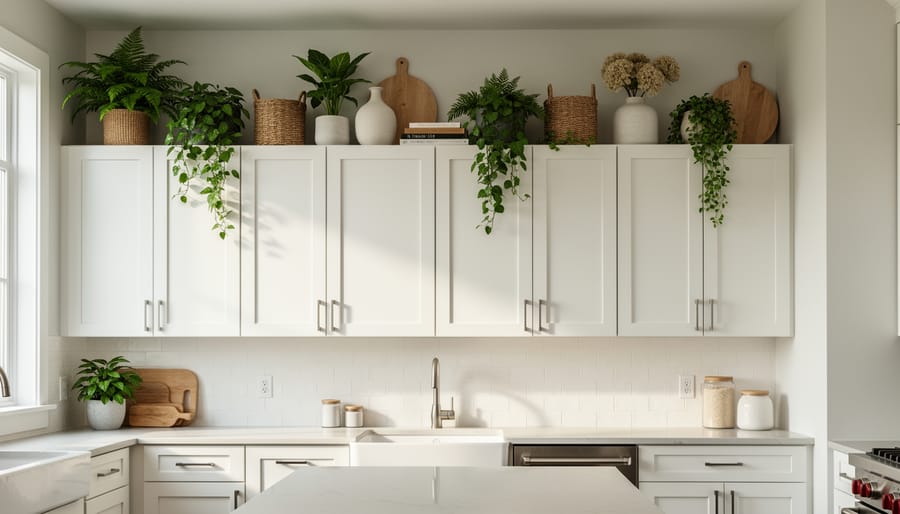 Styled kitchen cabinet tops with eucalyptus stems in vases and woven baskets