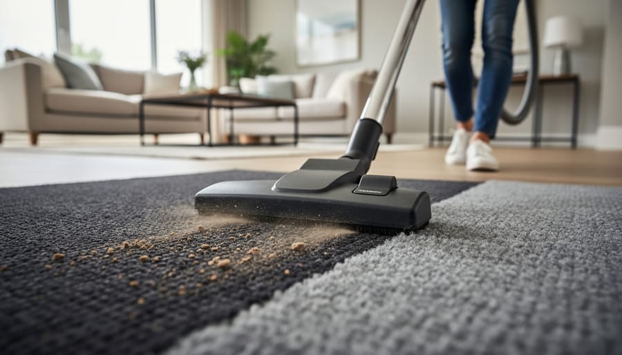 Overhead view of car floor mat being vacuumed showing dirt removal