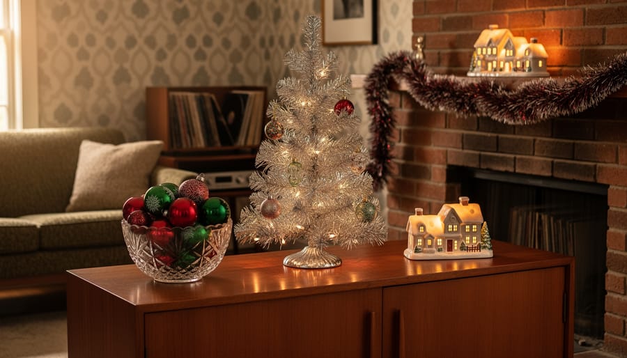 Eye-level view of a mid-century living room with a silver aluminum Christmas tree on a teak credenza, mercury glass ornaments in a bowl, tinsel garland on a brick mantel, and a glowing ceramic village, lit by warm golden-hour light with a softly blurred vintage sofa and patterned wallpaper in the background.