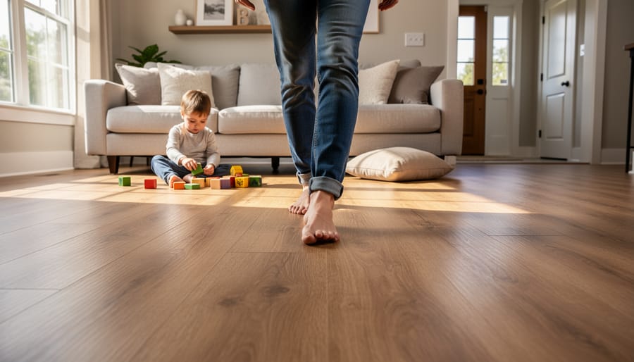 Child's bare feet on comfortable vinyl flooring in living room setting