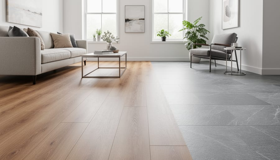 Various vinyl flooring styles displaying wood and stone-look options in living room settings