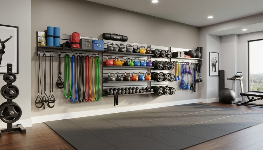 Organized home gym wall with mounted weight plate racks and barbell storage system