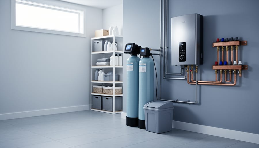 Whole-house water softener with brine tank next to a tankless water heater and copper/PEX plumbing in a clean, modern utility room.