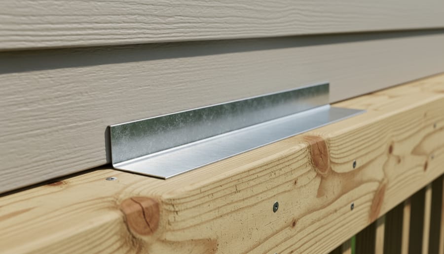 Close-up of Z-shaped metal flashing profile showing the distinctive bend against vinyl siding