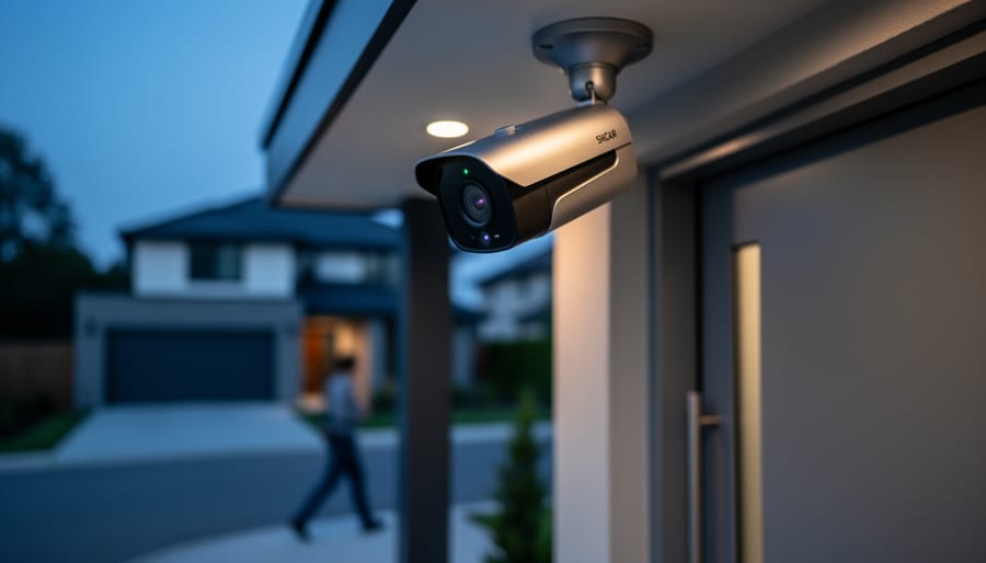 Close-up of an AI-enabled outdoor security camera at dusk under a porch eave, warmly side-lit, with a blurred suburban entryway and faint human silhouette near the driveway in the background.