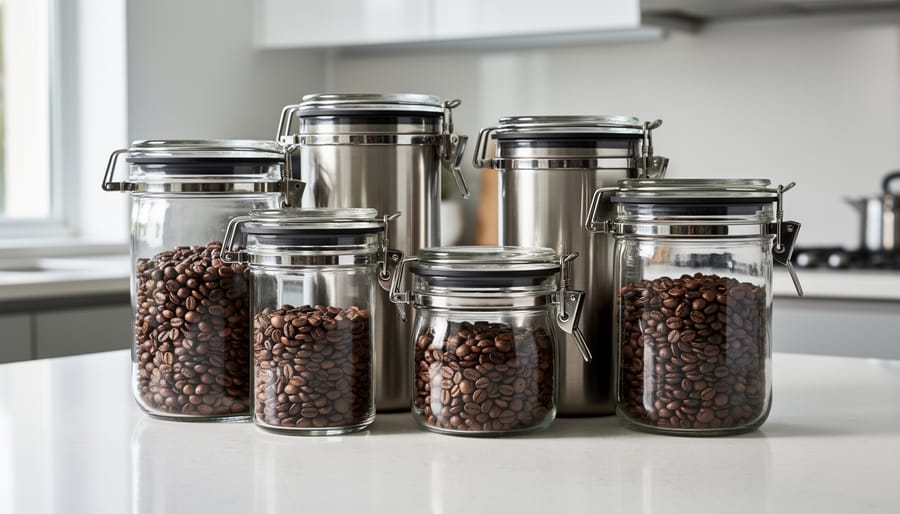 Close-up of hands opening airtight stainless steel coffee storage container showing coffee beans