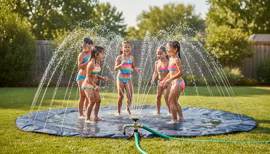 Overhead view of colorful splash pad with water jets spraying on backyard lawn