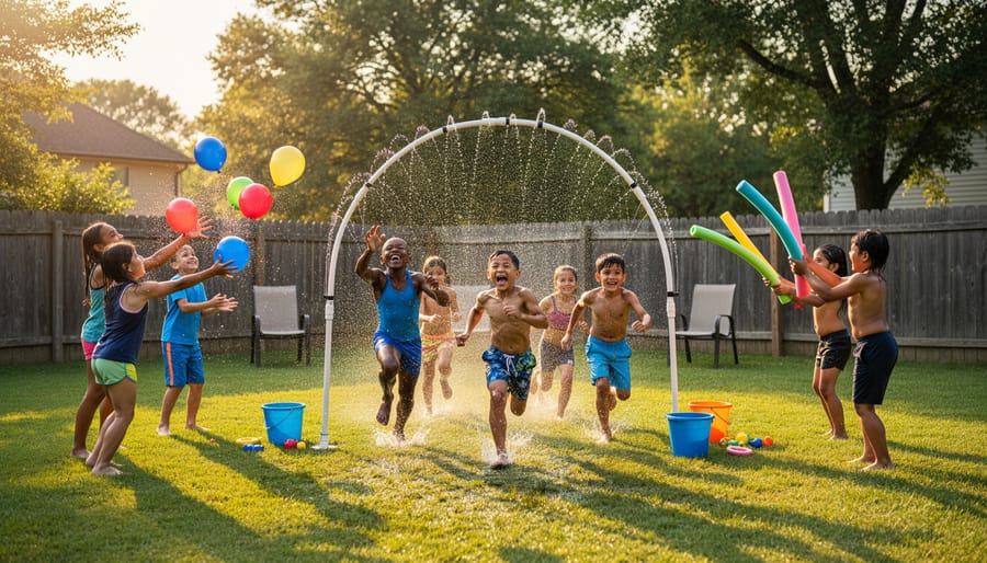 Children running through a backyard sprinkler and playing with water balloons and pool noodles at golden hour, with sparkling water droplets, green lawn, wooden fence, and lawn chairs in the background.