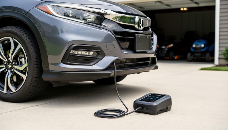 Hands connecting battery tender charger to car battery terminals