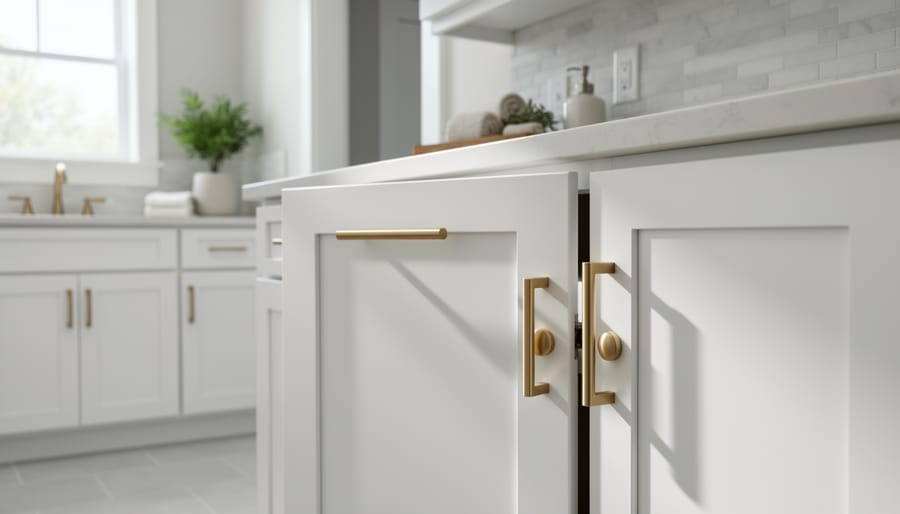 Close-up of hand installing modern black cabinet hardware on white kitchen cabinet