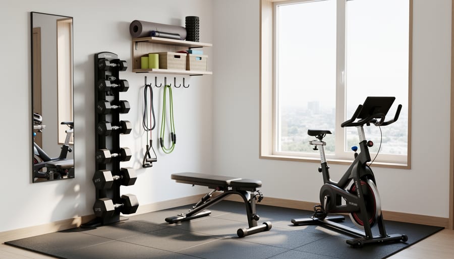 Compact home gym setup in small bedroom with space-saving foldable equipment