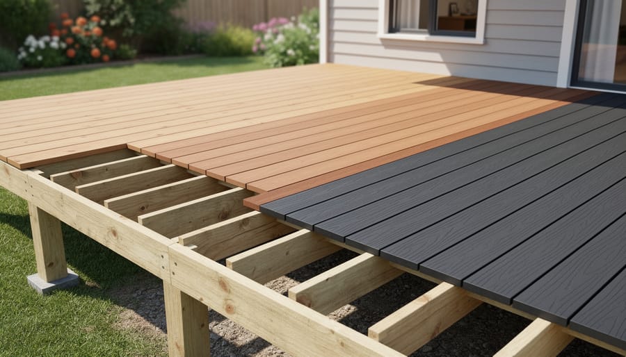 Wooden deck framing structure showing joists, beams, and posts during construction