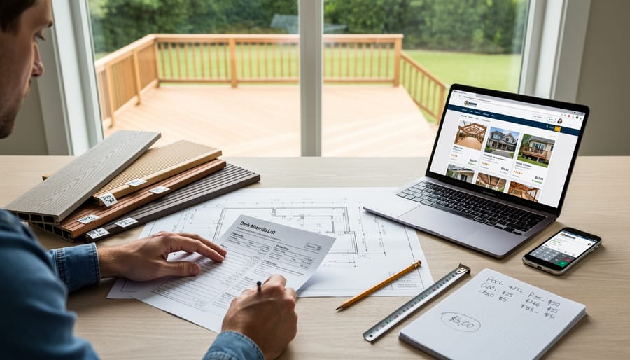 Overhead view of organized lumber and decking materials at home improvement store