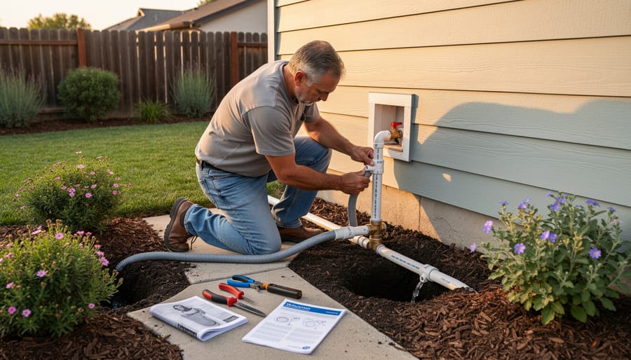 Homeowner installing DIY greywater diverter valve on washing machine drain pipe