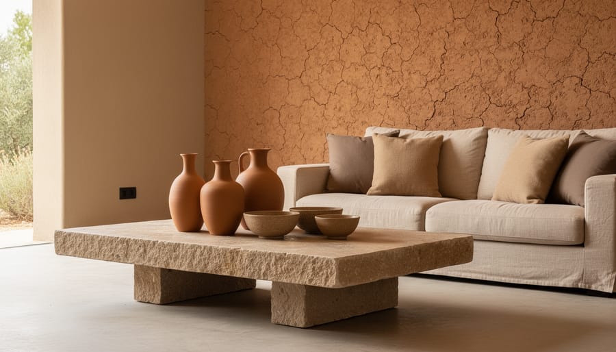 Dining room featuring earth element design with ceramic pottery, stone wall, and neutral earth-toned textiles