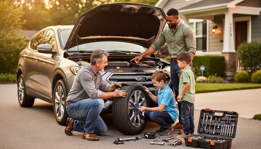 Parent and teen working together on vehicle maintenance in home garage
