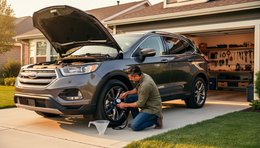 Parent kneeling beside a family SUV in a suburban driveway checking tire pressure, hood open, with softly blurred house and garage in warm golden-hour light.