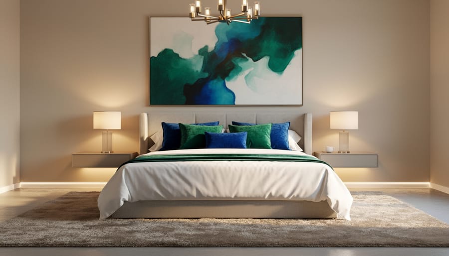 Straight-on view of a luxurious bedroom with a king bed dressed in crisp white linens and jewel-toned pillows, oversized artwork above the headboard, warm bedside lamps, subtle LED glow under floating nightstands, and a plush rug extending beyond the bed.