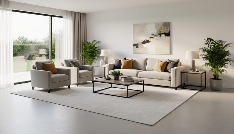 Living room furniture arrangement with armchair pulled away from wall in well-lit space