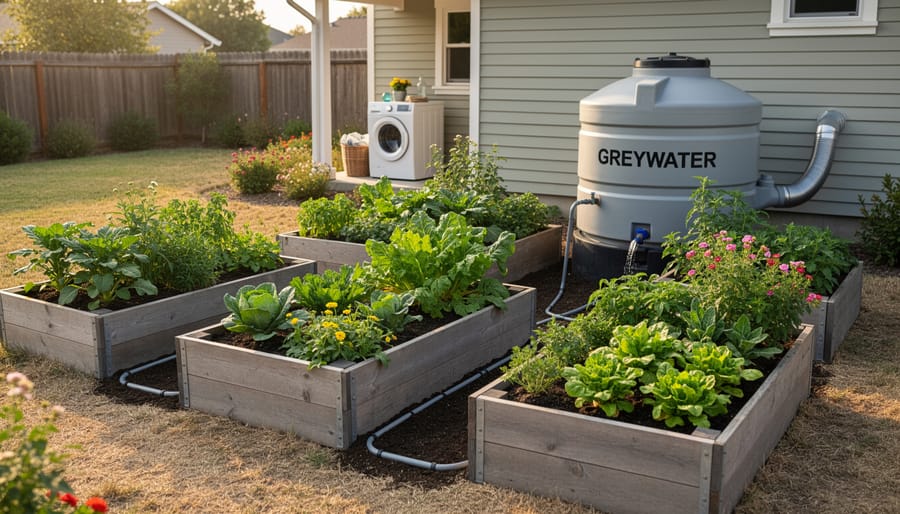 Healthy vegetable garden being watered with recycled greywater