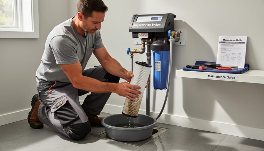 Person cleaning greywater system filter with garden hose