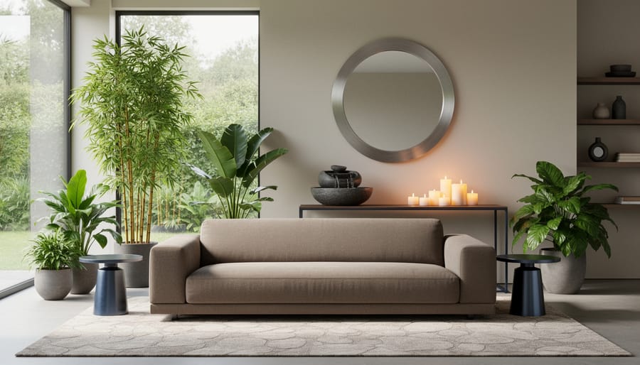 Eye-level wide photo of a serene modern living room with indoor plants and bamboo, a candle cluster, a low earth-toned sofa and rug, a circular brushed-metal mirror, and a small tabletop water fountain, softly lit by daylight from a large window with a blurred garden and minimalist shelving in the background.