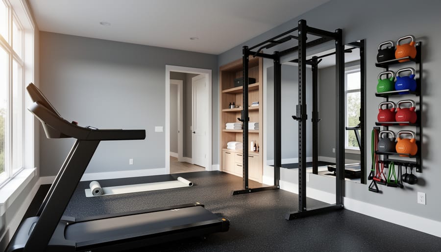 Compact home gym with treadmill by a window, squat rack facing a full-wall mirror, yoga mat stretching corner, and wall-mounted racks storing kettlebells, medicine balls, and resistance bands on rubber flooring, with clear pathways.