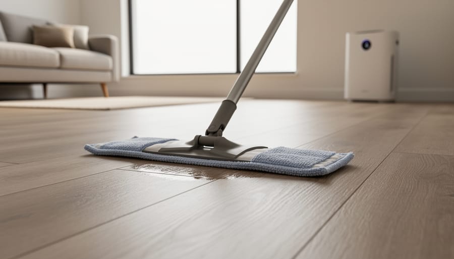Microfiber mop cleaning matte luxury vinyl plank floor in a sunlit minimalist living room, with a blurred sofa, entry mat, and small air purifier in the background.