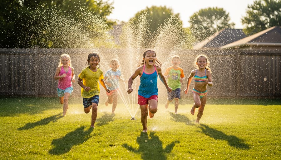 Children playing and running through backyard sprinkler on sunny summer day
