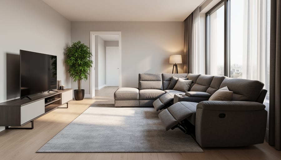 Wide, slightly overhead view of a modern living room with an L-shaped reclining sectional in the corner, two seats reclined, soft natural daylight, warm neutral palette, visible doorway and clear walking path, media console, rug, floor lamp, and indoor plant.