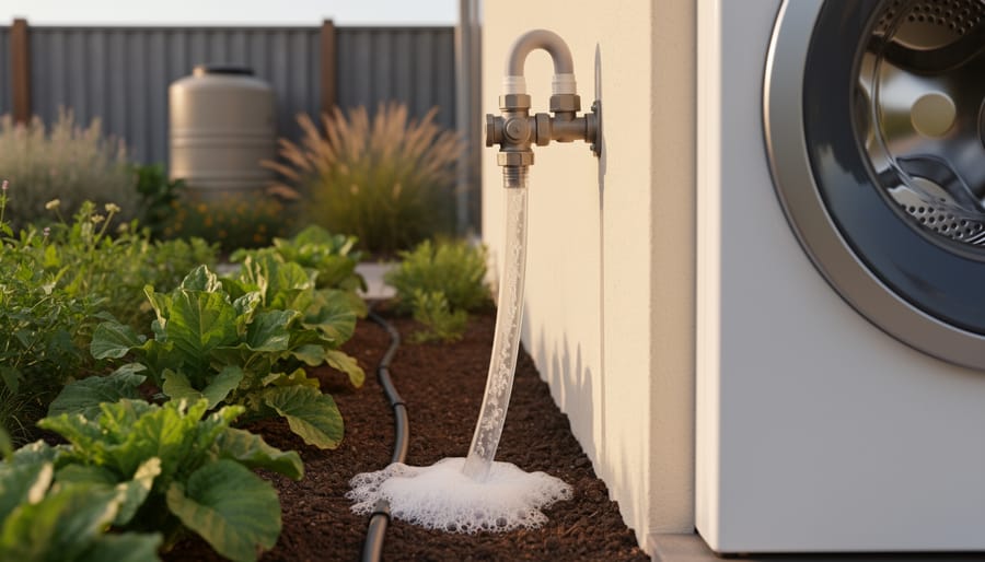 Washing machine drain hose connected to a greywater diverter on an exterior wall, sending water through a clear tube to a drip line that irrigates a green vegetable bed in a sunlit backyard.