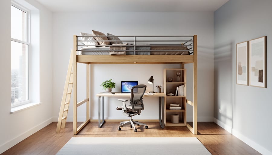 Loft bed with organized desk workspace and storage shelving underneath in modern apartment