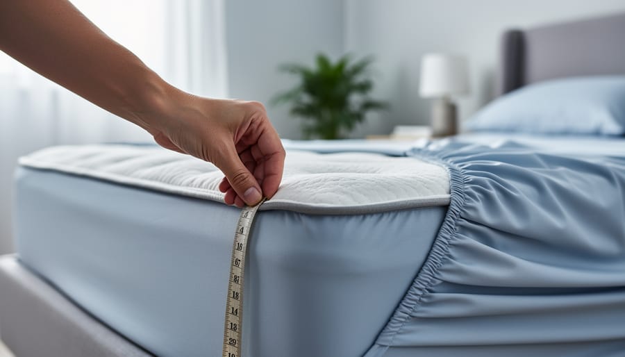 Close-up of a person measuring the depth of a thick pillow-top mattress at the corner with a fabric tape, markings blurred, elastic fitted sheet edge nearby in a sunlit modern bedroom with headboard and nightstand softly out of focus.