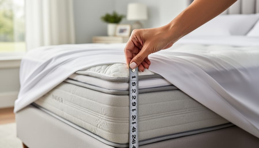 Hands measuring mattress depth with fabric measuring tape from side view