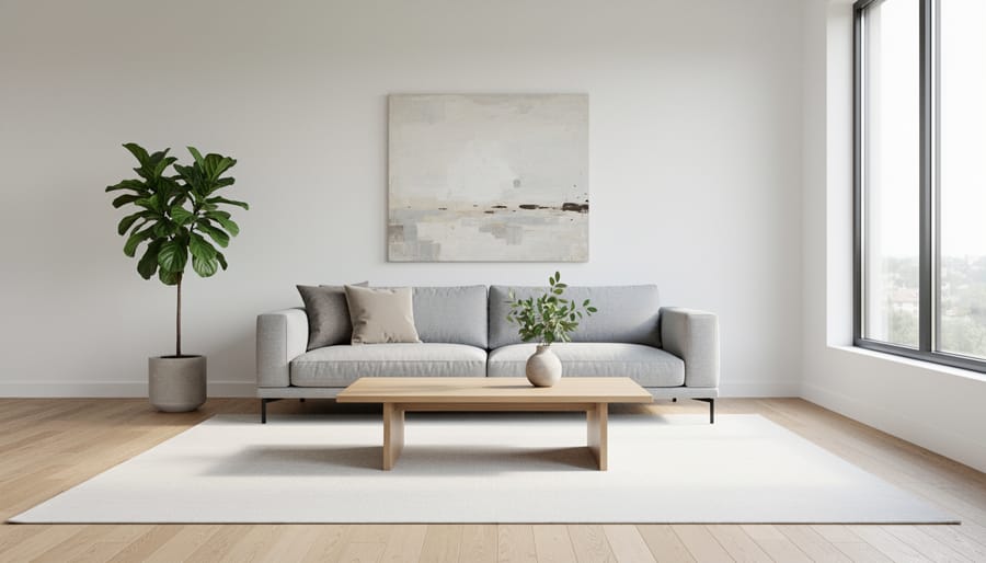 Clean minimalist living room with white walls, neutral furniture, and abundant natural light