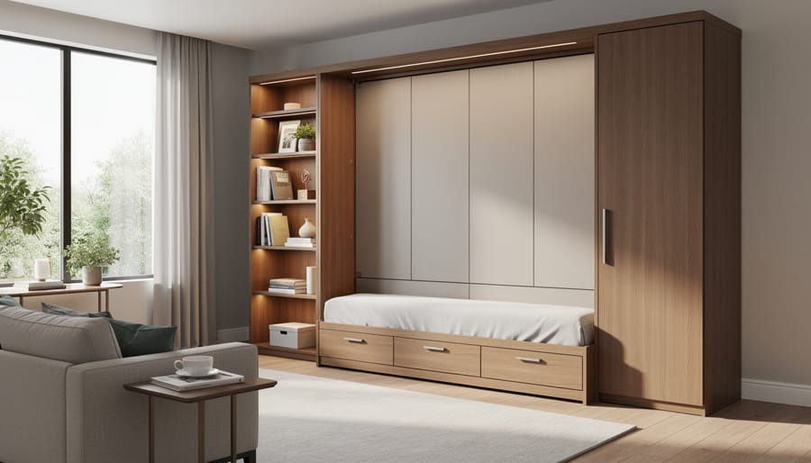 Modern Murphy bed in closed position appearing as stylish wall cabinet in contemporary living room