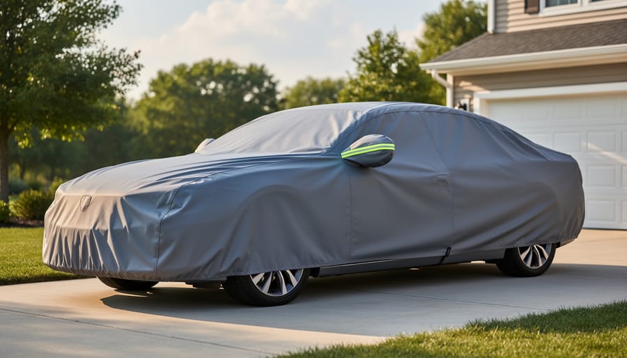Car covered with protective car cover parked on gravel surface near residential garage