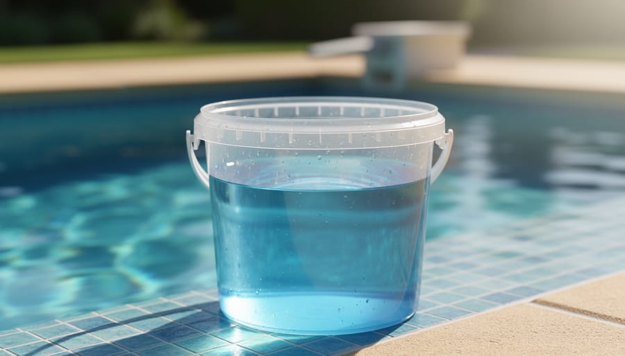 Clear plastic bucket filled with pool water on a pool step for a bucket test, showing a subtle difference between bucket and pool water levels, with a blurred pool deck and skimmer in the background under soft daylight.