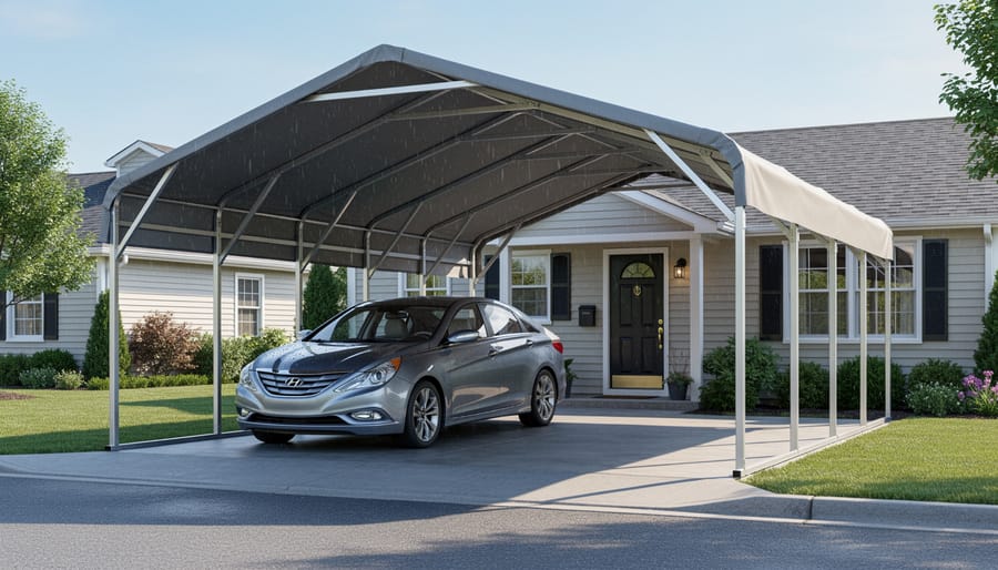 White portable carport shelter protecting car in residential driveway