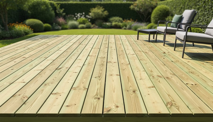 Close-up of pressure-treated pine deck boards showing wood grain and texture