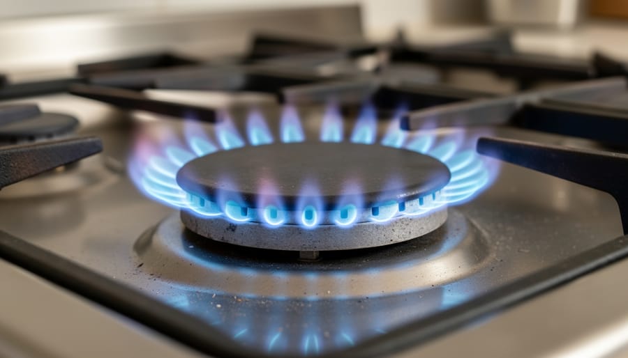 Natural gas stove burner showing proper blue flame after successful relighting