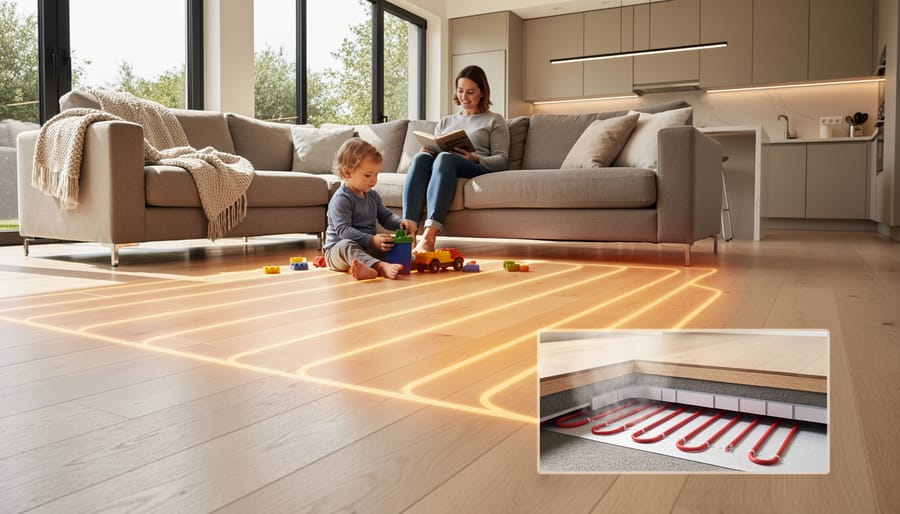 Modern living room interior showcasing radiant floor heating installation beneath hardwood flooring